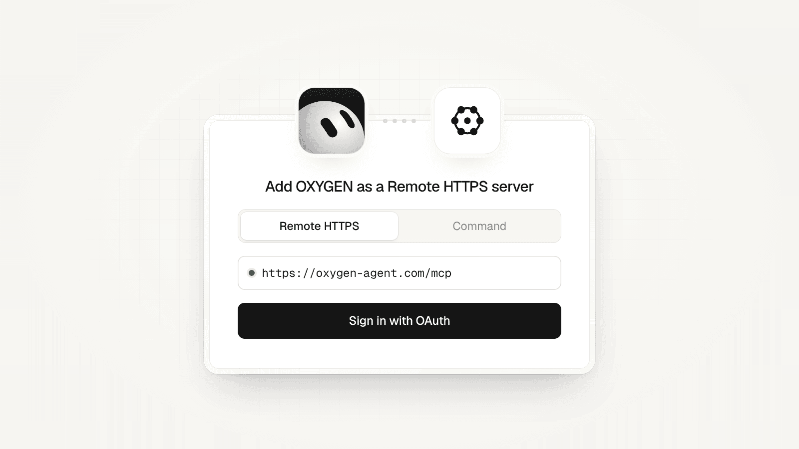 A connect card with the Grok Bot mark linked to the OXYGEN mark: Remote HTTPS, https://oxygenfunnel.com/mcp, and Sign in with OAuth.